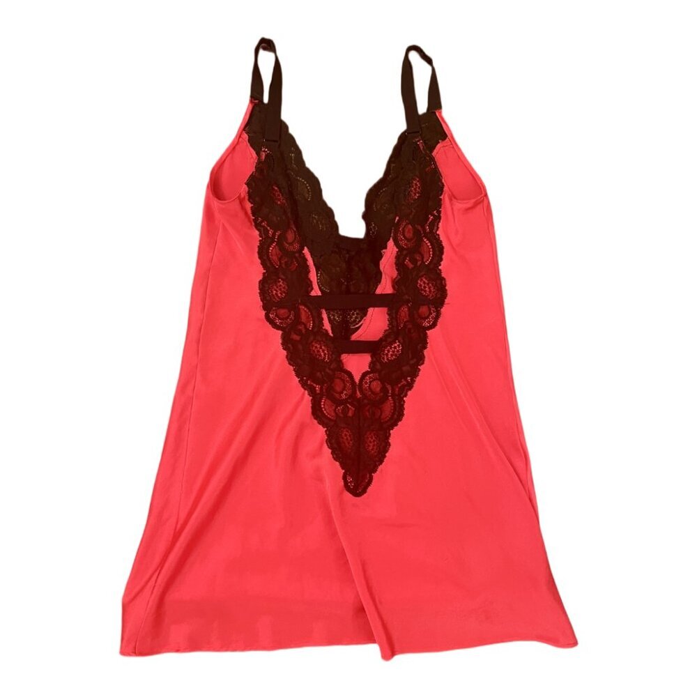 Victoria's Secret Lingerie - Red Satin Nightgown - Black Lace Trim - Size Small - Picture 2 of 4